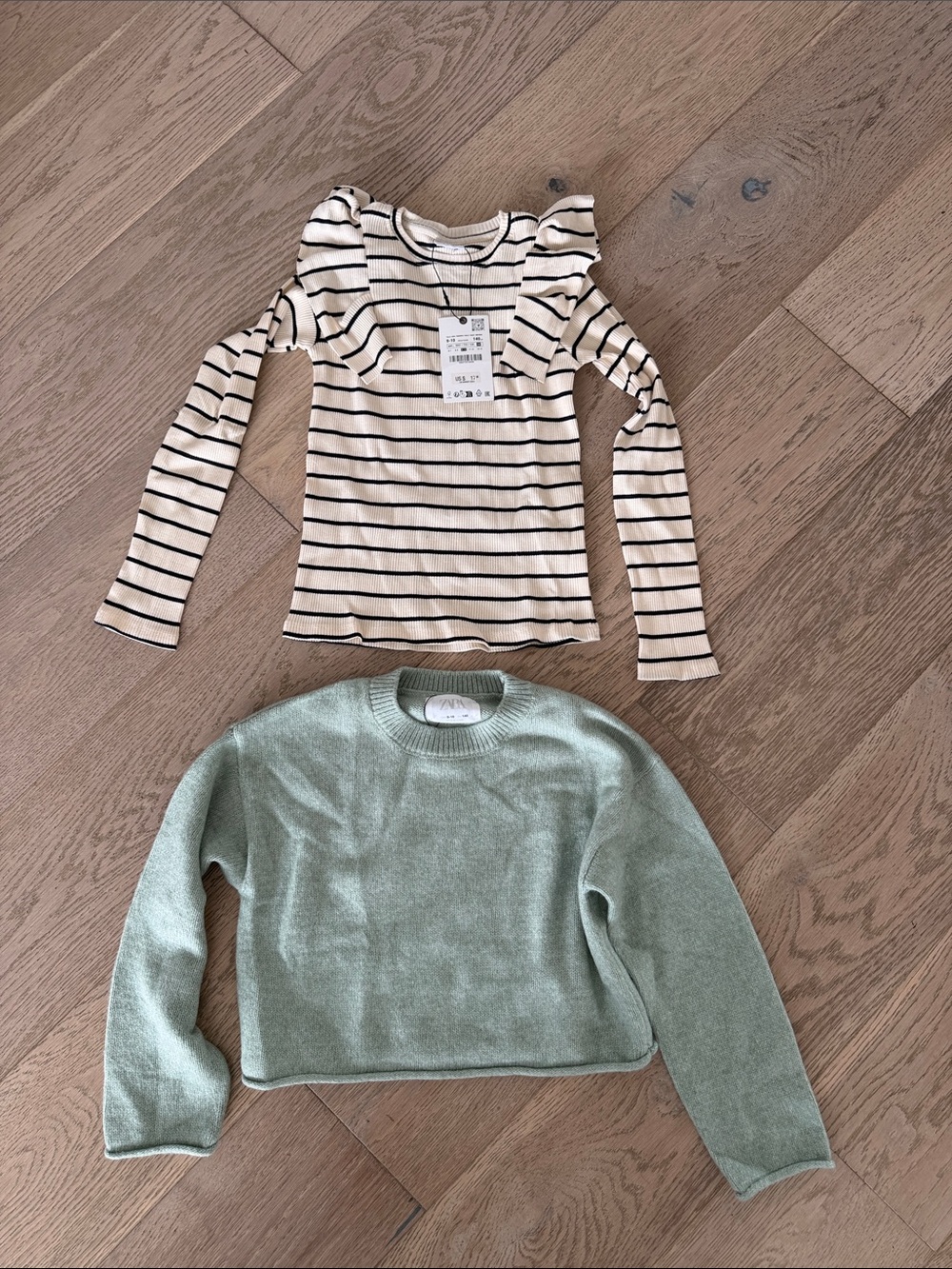 Zara Cream & Black Striped Ruffle-Shoulder Top + Zara Sage Green Knit Sweater